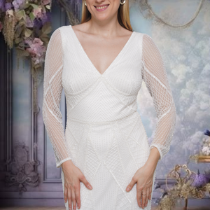 Vestido de novia de manga larga blanco adornado a mano con rastro y cuello en V hasta el suelo vestido de novia occidental de fabricante experto - Product Image 2
