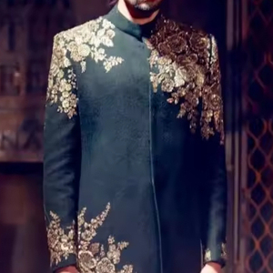 NUEVO IMPRESIONANTE DISEÑADOR ZARI BORDADO EN SHERWANI, PANTALÓN Y ZAPATO A JUEGO CON CUENTAS DE CRISTAL EMBELLECIDAS, DABKA WORK @ 2024 - Product Image 1