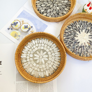 ถาดรองชากาแฟแบบทอมือถาดไม้ถูพื้นหวายถาดเสิร์ฟแม่มุก - Product Image 3