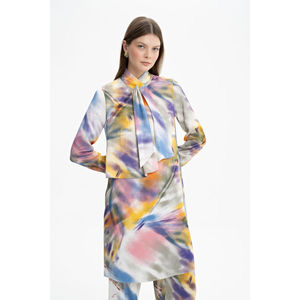Ladies <b>Blue</b> Satin Patterned <b>Tunic</b> with Ruffle Detail Casual Long Bow Collar Top - Product Image 1