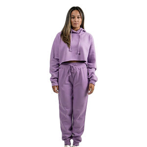 Ensemble de survêtement pour femmes, haut court décontracté uni, sweat-shirt, pantalon de survêtement personnalisé, 100% coton, respirant, séchage rapide - Product Image 1