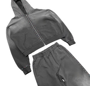 Custom Sweat Stack <b>Pant</b> Track <b>Suits</b> Acid Wash Tracksuits Rhinestone Zip up Hoodie and Flare Sweatpants Sweatsuit Set for Men - Product Image 1