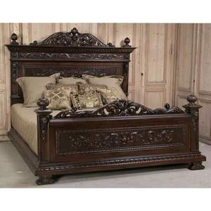 Cama Clásica Antigua Francesa de Madera Maciza Tallada a Mano en Nogal Marrón y Caoba - Modelo BDRDA-90 de Daabadi Furnico, Tamaño Personalizable - Product Image 2