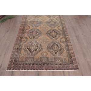 3.5x6.46 ft Accent Vintage Rug, Turkish Rug, <b>Brown</b> Red Ikat <b>Wool</b> Rug - Product Image 2