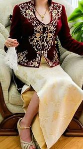 LATEST MIDDLE--EAST STYLISH EMBROIDERY on JACKET WITH EMBELLISH GOLD CRYSTAL BEADS,PEARLS,GLASS STONE WORK for PARTY-WEAR @ 2023 - Product Image 2