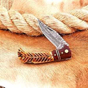 Couteau utilitaire à lame pliante en acier de Damas, manche en bois d'os, étui de transport vertical, poche EDC, chasse, camping, pointe de chute - Product Image 2