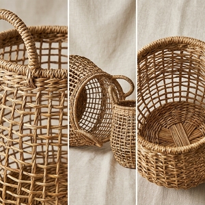 Natural Hand Woven Banana Bark Storage Basket Set Open Grid Mesh Belly Pot Planter Pure Art Arch Handle Decor Setup Room Design - Product Image 2