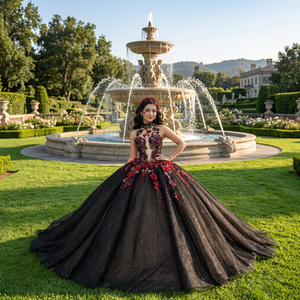 Robe de bal gothique noire élégante à fleurs pour filles, style Quinceañera, 1250 modèles - Product Image 1