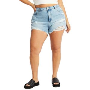 Servicio OEM, Pantalones Cortos Vaqueros de Mezclilla Azul Claro a la Moda, de Cintura Alta y Rotos, Hechos a Medida para Mujer, a Precio Económico - Product Image 1