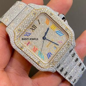 Montre de luxe carrée en acier inoxydable sertie de moissanite avec cadran romain arc-en-ciel, bijoux hip-hop, diamant moissanite VVS - Product Image 1