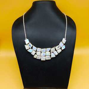 <b>Handmade</b> Bohemian 925 <b>Silver</b> Rainbow Moonstone Pendant <b>Necklace</b> Chunky Rope Chain Wedding Gift for Her - Product Image 1