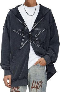 Sudadera con capucha corta para hombre, de algodón grueso, con cremallera completa, doble cremallera, estilo urbano, estampado en relieve y detalles bordados - Product Image 3