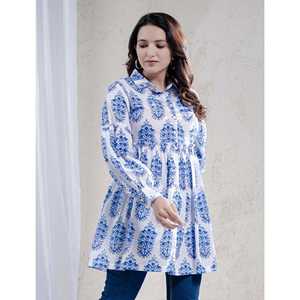 Top Azul de Algodón con Estampado Butta Block Transpirable, Cintura Imperio, Estilo Casual - Product Image 4