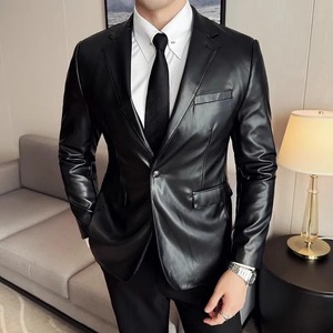 High Quality <b>Leather</b> <b>Jacket</b> Men Single Button Slim Fashion <b>Leather</b> <b>Blazers</b> Male Business Casual Suit Coats Solid PU Outwear Man - Product Image 1