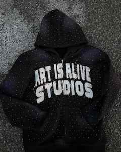 Logo de broderie personnalisé 100% coton hiver surdimensionné Vintage lavé soleil fané en détresse appliques strass hommes sweat à capuche zippé - Product Image 4