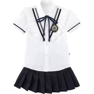 เสื้อโปโลสีขาวสำหรับเด็กนักเรียนหญิงเกาหลีพร้อมกระโปรงสีน้ำเงินชุดเครื่องแบบนักเรียนระดับประถม - Product Image 3