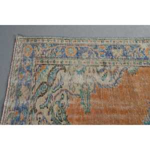 พรมตุรกี ขนาด 5.8x8.7 ฟุต พรมวินเทจ พรมขนสัตว์ลายดอกไม้สีส้มน้ำเงิน - Product Image 4
