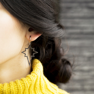 Boucles d'oreilles pendantes en argent plaqué or rose, étoile turque artisanale, zircon noir, pour femmes - Cadeau tendance pour mariage et fête - Product Image 4