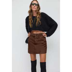 Velvet Trim Straight <b>Mini</b> <b>Skirt</b> Casual Empire Waistline Satin Lace Knitted Patchwork Design XS Featuring <b>Feathers</b> Bows Print - Product Image 1