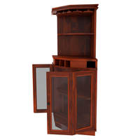 Meuble en bois de teck massif de style antique, bar à vin d'angle avec portes vitrées, quincaillerie en fer et porte-bouteilles fixe