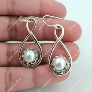 Pearl Drop <b>Earrings</b> 925 Sterling Silver: Handmade Infinity <b>Dangle</b> - Product Image 1