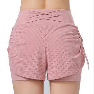Short de fitness taille haute pour femme respirant côté maille Logo décor poches cachées avec prix de gros Short de yoga deux pièces - Product Image 3