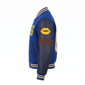 Fabricante de Chaquetas Varsity: Chaqueta Corta con Números Grandes, Lana Cobalto, Mangas de Cuero Azul Marino, Bordado de Palmera en Chenille, Estilo Letterman, OEM - Product Image 3