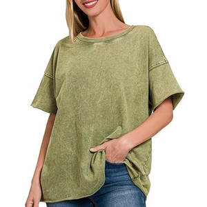 T-shirt délavé à l'acide de grande taille S à vendre T-shirt à manches courtes décontracté et simple pour femmes délavé à l'acide 100% coton - Product Image 2