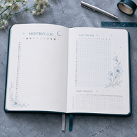Carnet en velours LABON personnalisé A5 Moonlit Bloom, motif floral vert foncé, lignes pointillées, avec bande élastique, cadeau à marque privée
