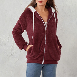 <b>Women's</b> Burgundy Zip up <b>Hoodie</b> Fuzzy Sherpa Plush Fleece Polyester Jacket with <b>White</b> Drawstrings Drop Shoulder 400g Winter - Product Image 6