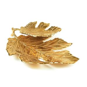 Meilleur plateau rond de luxe en métal texturé doré avec poignée en forme de feuille Plateau de service décoratif Pièce maîtresse élégante Accent de table pour la maison - Product Image 6