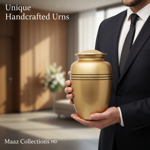 Urne funéraire en laiton doré de conception classique pour cendres humaines adultes, vente en gros |   Bandes noires en métal pour articles funéraires |   Collections Maaz - Product Image 4
