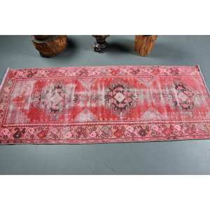 Tapis Kilim Oriental en Laine Rouge Rose 2.6 X 6.5ft Tapis Rectangle Turc de Grande Surface Support en Latex Patchwork de 10mm pour Couloir - Product Image 3