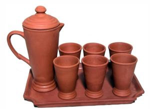 Ensemble de porte-boissons vintage en argile artisanale avec carafe - Écologique, réutilisable, portable, antidérapant, 100% biodégradable - Product Image 2