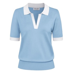 Polo de Punto Azul Claro para Mujer Kate Kasin, Manga Corta, Estilo Preppy, Color Sólido, Corte Regular - Product Image 1