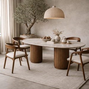 SORA Mango Wood <b>Dining</b> <b>Table</b> Marble <b>Top</b> | Japandi Round <b>Dining</b> <b>Table</b> Living Room Furniture Ribbed Base Luxury Design - Product Image 1