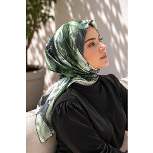 <b>Green</b> Pastel Floral Pattern Satin Scarf Vintage Luxury Square Style with Digital Printing Long Length for Spring & Summer Use - Product Image 1
