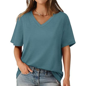 Venta al por mayor de camisetas de manga corta de color azul informal de verano para mujer, decoración bordada, estilo de lona transpirable con cuello en V - Product Image 5