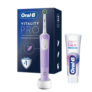 Oral-B Vitality PRO แปรงสีฟันไฟฟ้าลายม่วง + ยางหมาก Calm 75ml ยาสีฟัน