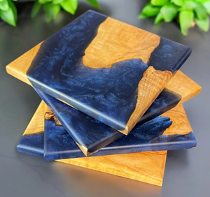 Posavasos para taza de café de madera y resina, posavasos de resina azul, 4 juegos de forma cuadrada, decoración de mesa de cocina, posavasos para taza de fiesta de boda - Product Image 2