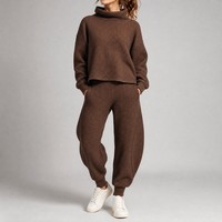 Ensemble de survêtements pour femmes personnalisés OEM, en tricot gaufré à col cheminée, pour l'hiver, coupe oversize, fabricant de marque privée