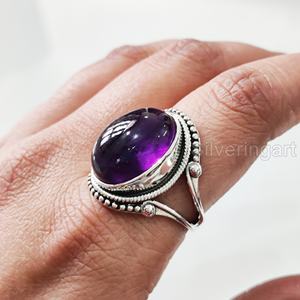 Bague femme naturel violet améthyste pierre précieuse février pierre de naissance bohème bande Vintage bohème bijoux 925 bague en argent Sterling - Product Image 4