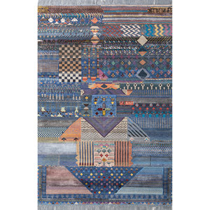Alfombra Freedom Manchaha Azul, Tejida a Mano con Lana y Seda de Bambú, Diseño de Patchwork, para Sala de Estar - Les-8338 - Product Image 1