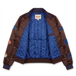 Chaqueta Bomber Corta de Satén para Mujer, Color Marrón Chocolate y Azul Rey, con Parche de Cangrejo de Chenilla Bordado, Logotipo Personalizado OEM - Product Image 3