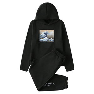 Conjunto Deportivo de Dos Piezas con Sudadera con Capucha y Pantalones Jogger de Felpa de Algodón con Estampado de Ondas, Ropa Deportiva de Invierno Unisex al por Mayor - Product Image 1