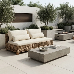 Natural Chunky <b>Rattan</b> Outdoor Garden <b>Sofa</b> Off White Cushion Woven Daybed Lounge Seating Room Setup Decor Pure Art Design - Product Image 5