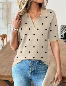 Haut décontracté pour femme à manches courtes en maille à pois, coupe régulière, respirant, idéal pour le bureau, avec logo décoratif sur le devant - Product Image 4