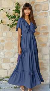 2025 azul largo bohemio Maxi vestido para mujer verano señora elegante señoras suelta playa Mujer vacaciones manga corta Maxi vestido - Product Image 3