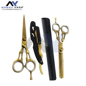 Vente chaude 6 "Kit de barbier plaqué or ciseaux amincissants ensemble 4 professionnel barbier coiffure ciseaux Salon rasoir et peigne - Product Image 4