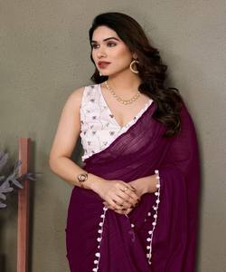 LUXE POLYESTER ZARI UNI SAREE AVEC BRODERIE TRAVAIL NON COUDU BLOUSE VÊTEMENT DE FÊTE PRIX DE GROS VÊTEMENT ETHNIQUE VIN - Product Image 2